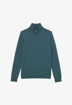 Pullover con zip collo a lupetto in verde scuro, realizzato in tessuto morbido. Presenta maniche lunghe e polsini a coste per una vestibilità aderente. Design pulito e minimalista.