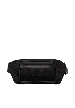 Schwarze Karl Lagerfeld Bauchtasche mit Hahnentrittmuster, vorne mit Reißverschlusstasche und verstellbarem Riemen.