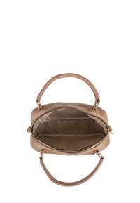 Sac à main en cuir beige avec double poignées supérieures et fermeture éclair dorée. L'intérieur comprend un compartiment spacieux avec une doublure douce et des poches.