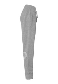 Grå bomulds joggers med en tapered ben, elastisk talje og sidelommer; har et logodesign nær anklen.