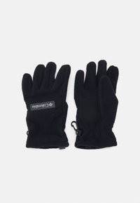 Gants en polaire noire avec une surface texturée, présentant un accent en nylon noir, une fermeture au poignet ajustable et une étiquette logo au dos.