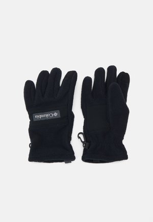 Svarta fleecehandskar med en texturerad yta, som har en svart nylonaccent, justerbar handledsslutning, och en logolapp på baksidan.