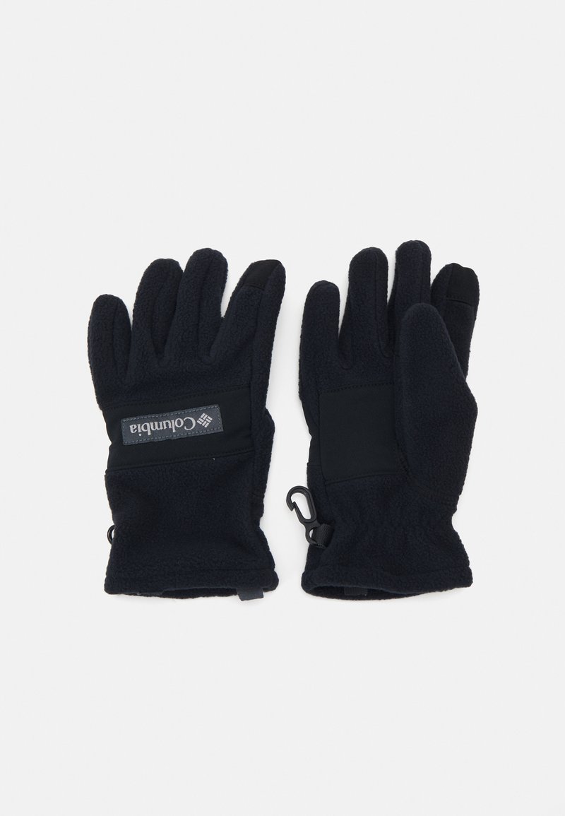 Luvas de fleece pretas com uma superfície texturizada, apresentando um detalhe em nylon preto, fecho ajustável no pulso e etiqueta com logótipo na parte de trás.