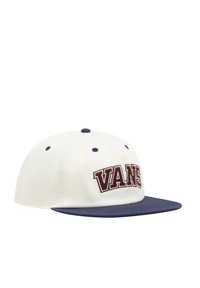 Cappello bianco con visiera blu navy, con logo "VANS" ricamato in rosso scuro. Realizzato in cotone, con sei occhielli ventilati.