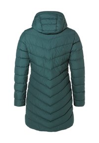 Zelený puffer kabát s chevronovým prešívaním, kapucňou a dlhými rukávmi. Tkanina vyzerá textúrovane a je zateplená, vhodná na chladné počasie.