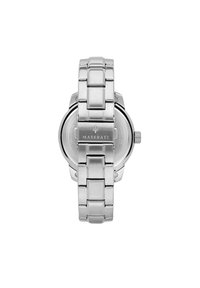 Orologio in acciaio inox silver con una finitura lucida e un bracciale a maglie, caratterizzato da una cassa rotonda e il logo Maserati sul retro.