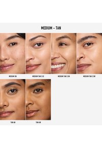 Verzameling van close-ups van gezichten met verschillende tinten, gelabeld Medium Tan en Tan, met uiteenlopende huidtinten en -texturen.