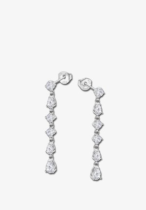 Boucles d'oreilles en argent avec un design suspendu comportant des pierres transparentes rondes et en forme de poire alternées, réfléchissant la lumière, avec une fermeture à tige.