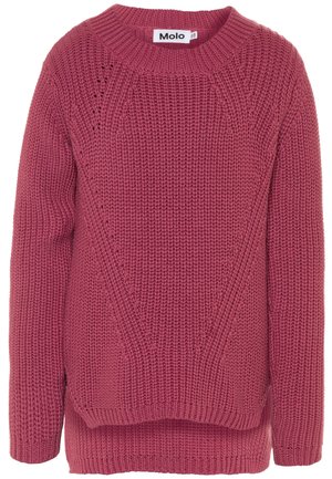 Gruby sweter o długim rękawie w kolorze przygaszonego różu z prążkowanym okrągłym dekoltem, mankietami i dołem, z ozdobnymi skośnymi wzorami dzianiny.