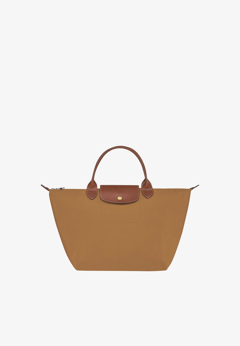 Brown nylon tote bag with a smooth, structured shape. Features leather handles and a flap closure with a gold button detail.