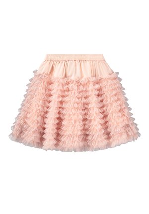 Light pink layered tulle ruffle skirt with an elastic waistband, designed for a fluffy, voluminous look.