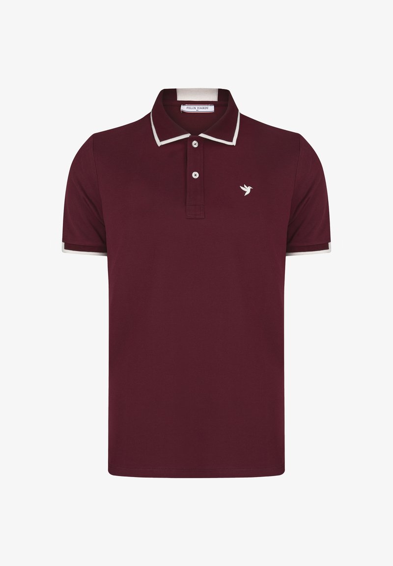 Polo bordeaux à manches courtes avec bordure blanche au col et aux manches, patte de boutonnage à deux boutons et petit logo colibri blanc sur la poitrine.