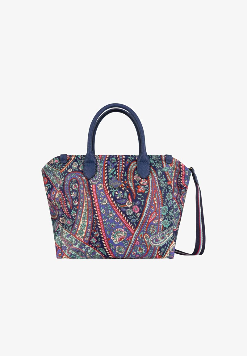 Borsa a tracolla blu con stampa paisley, maniglie, tracolla regolabile e motivi floreali decorativi su una superficie testurizzata.