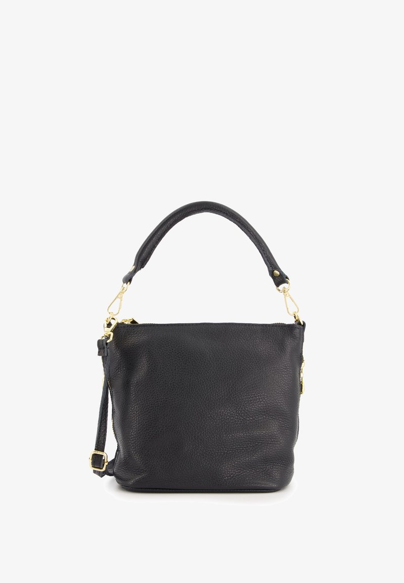 Black leather handbag with a textured finish, featuring a detachable shoulder strap, top handle, and gold hardware accents.