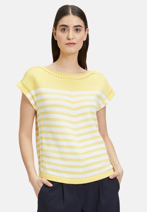 Yellow and white striped knit top with a wide, scooped neckline, short sleeves, and subtle side seam detailing. Casual fit.