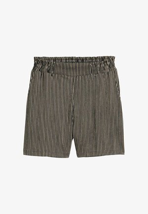 Crne i krem prugaste kratke hlače s elastičnim pojasom, opuštenog kroja i glatke teksture tkanine. Bez džepova ili ukrasa.