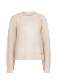 Cremefarbenes Strickpullover mit lockerer Passform, Rundhalsausschnitt und langen Ärmeln. Mit gerippten Bündchen und einem kleinen Logo-Detail am Saum.