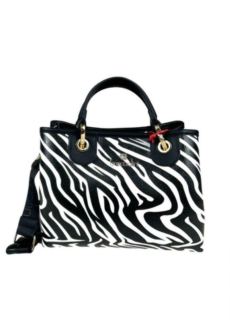 Zwart-wit gestreepte zebra-print handtas met een textuur oppervlak, goudkleurige hardware, dubbele handgrepen en een verstelbare schouderriem.