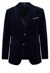 Marinblå sammet blazer med slag, två framfickor, en vit fickduk och två silverknappar. Slät textur, skräddarsydd passform.