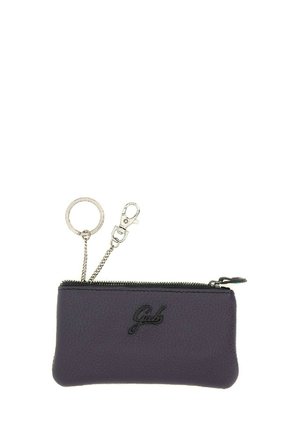 Piccola pochette in pelle viola scuro con chiusura a zip, logo "Gabs" in rilievo, portachiavi in metallo e gancio su catena.