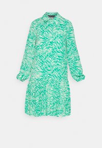 Vestido verde com padrão de listas de zebra em branco. Mangas longas, colarinho e design de saia franzida, feito de um tecido leve.