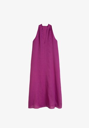 Lila Leinen ärmelloses Kleid mit V-Ausschnitt und lockerer, fließender Form; es hat eine glatte Textur und ein minimalistisches Design.