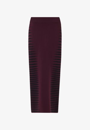 Larga falda ajustada de color púrpura oscuro con rayas horizontales negras que se estrechan hacia el interior a lo largo de los lados, y una cintura acanalada.