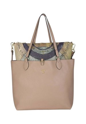 Borsa tote in pelle beige con doppi manici superiori e inserto in tessuto fantasia con motivo circolare e ferramenta color oro.