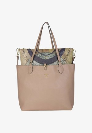 Beige leren shopper met dubbele bovenhandgrepen en een stoffen inzet met een cirkelvormig patroon en hardware in goudkleur.