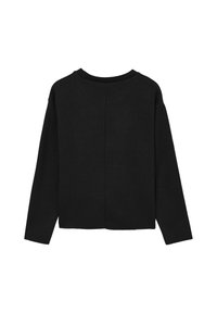 Schwarzer Pullover mit langen Ärmeln, rundem Halsausschnitt und gerader Schnittführung. Aus strukturiertem Stoff gefertigt, mit einer mittigen Naht auf der Rückseite.