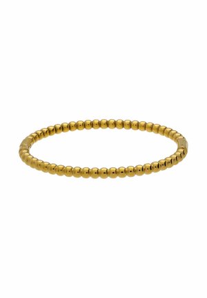 Goudkleurige rekbare armband met kleine, gladde ronde kralen die een doorlopende lus vormen op een witte achtergrond.