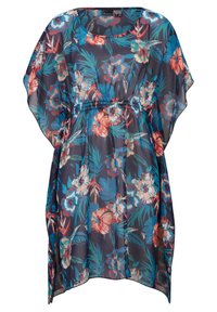 Copertura in stile kimono con stampa floreale in tessuto trasparente blu navy, caratterizzata da fiori vivaci in rosso, blu e verde, con dettaglio in vita arricciato.