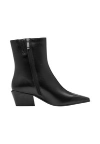 Bottine en cuir noir avec fermeture éclair latérale, bout pointu et talon bloc.