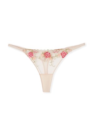 String beige transparent avec broderie florale rose et rouge et bords festonnés à la taille.