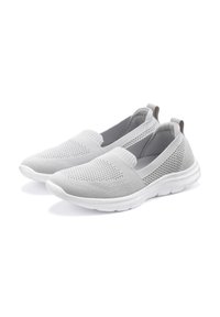 Light grey slip-on athletic shoes with a breathable knit upper, textured patterns, and a flexible white sole; features pull tabs on the heel.