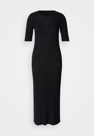 Black ribbed maxi dress with short sleeves, round neckline, and a straight silhouette, made from a textured fabric.