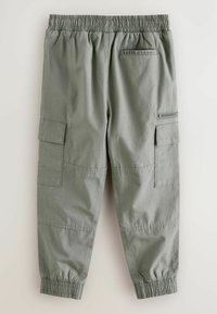 Grijze cargobroek met een elastische tailleband, zijzakken, een ritszak en taps toelopende boorden. Gemaakt van duurzaam, lichtgewicht materiaal.