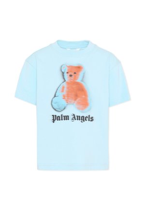 Jasnoniebieski T-shirt z krótkim rękawem, z rozmytym pomarańczowym nadrukiem misia i napisem „palm angels” w czarnej gotyckiej czcionce poniżej.