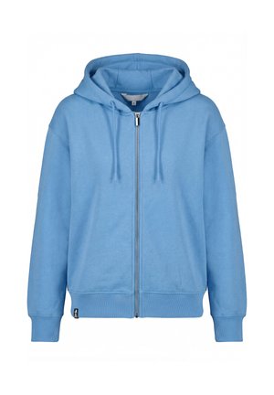Hellblauer Kapuzenpullover mit durchgehendem Reißverschluss, Kordelzugkapuze, gerippten Bündchen und Saum sowie einem kleinen schwarzen Etikett unten links.