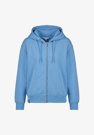 Hellblauer Kapuzenpullover mit durchgehendem Reißverschluss, Kordelzugkapuze, gerippten Bündchen und Saum sowie einem kleinen schwarzen Etikett unten links.