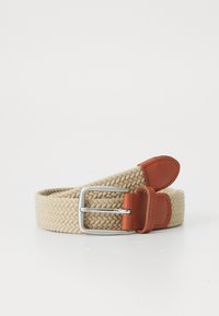 Woven beige belt with a silver metal buckle and brown leather accents. Features braided texture and two tan leather ends.