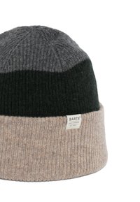 Wool knit beanie featuring a gray top section, dark green middle, and a beige cuff. Label on the cuff reads "BARTS" with establishment year.