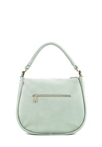 Borsa a tracolla in pelle verde chiaro con forma curvata, manico testurizzato e tasca anteriore con zip. Presenta dettagli in hardware dorato.