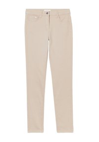Jean skinny beige en tissu mélangé coton. Comprend cinq poches, des passants de ceinture et une fermeture à bouton à l'avant avec des coutures contrastantes.