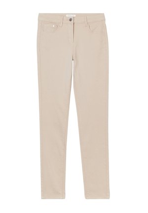 Beige skinny farkut, jotka on valmistettu puuvillasekoitteesta. Sisältää viisi taskua, vyölenkit ja etupainikkeen sulkemisen, jossa on kontrastivärinen ommel.