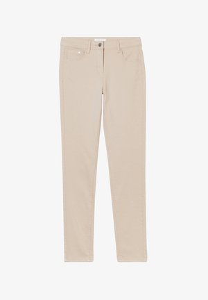Beige skinny jeans lavet af en bomuldsblanding. Har fem lommer, bæltestropper og en frontknaplukning med kontrasterende syninger.
