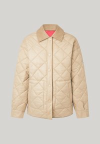 Chaqueta acolchada beige con cuello con solapa, cierre de botones y bolsillos. Presenta costuras en forma de rombos y un forro interior rosa a contraste.