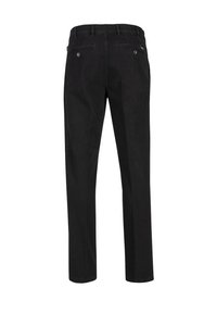 Zwarte katoenen broek met een rechte pijp, voorzien van twee achterzakken met knoopsluitingen en een taille met riemlussen.