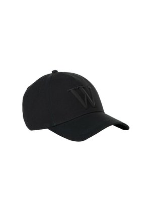 Cappellino da baseball nero in tessuto con visiera curva, caratterizzato da un logo "W" in rilievo sul davanti per un tocco di dettaglio.