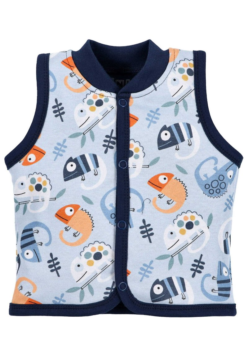 Blauer ärmelloser Weste mit einem Chamäleon- und Blattmuster. Verfügt über einen marineblauen Besatz und Druckknöpfe. Hergestellt aus weichem Stoff, geeignet für Kinder.